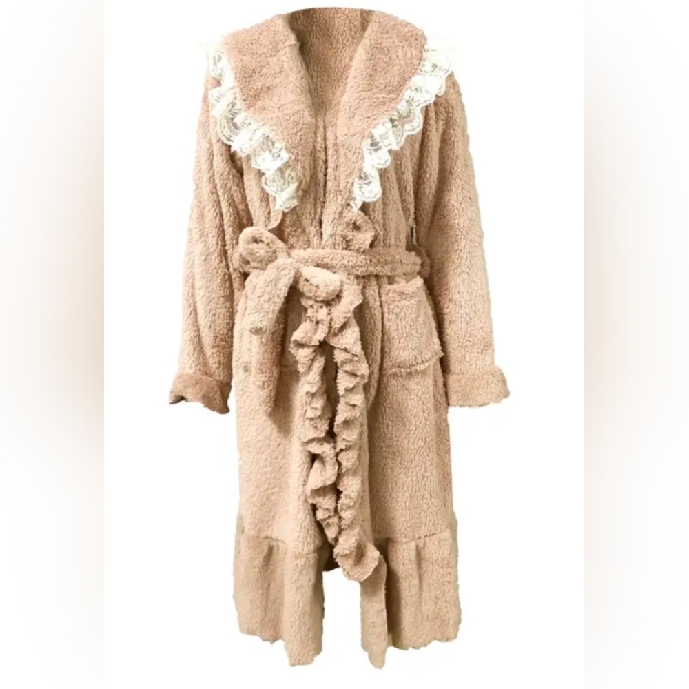 Cozy Tan Fleece Robe with Lace Trim Women's Plus Size XXL (Runs Small)